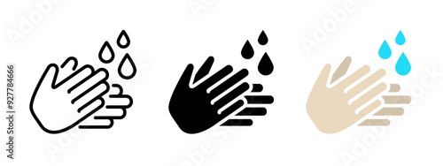 Hands washing icon. Hand wash with water drop vector illustration. Personal hygiene symbol. Antibacterial antiseptic prevention sign. Sanitary protection pictogram. Clean palm concept.