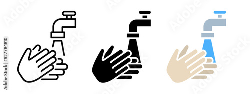 Hand washing with water running from faucet icon. Hands wash basin vector illustration. Personal hygiene symbol. Antibacterial prevention sign. Sanitary protection pictogram. Clean palm concept.