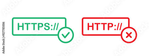 HTTPS and HTTP website connection safety status icon. Red and green web URL bar with check and cross mark. Browser network security vector illustration. Cyberspace insecure address server