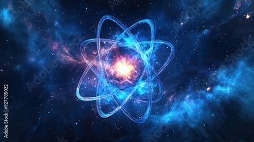 atom highlights its intricate structure with blue light particles and orbiting electrons