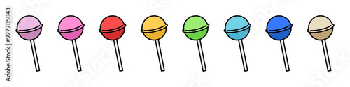 Colored lollipop icon collection. Colorful candy stick vector illustration set. Red sucker sweet symbol. Orange caramel dessert sign. Green lollipop pictogram.