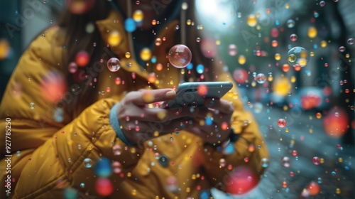Woman Using Smartphone with Bubbles