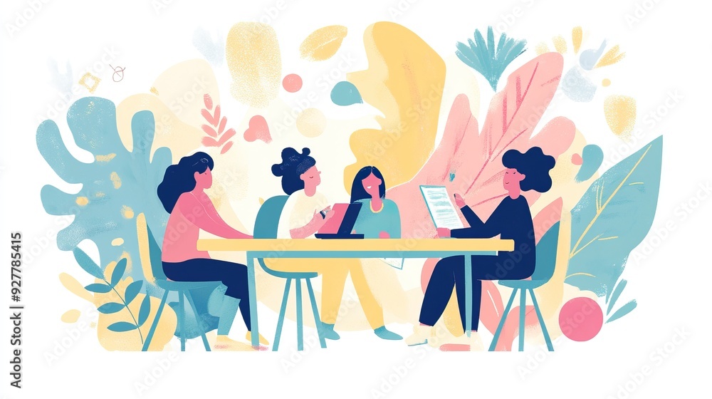 Team brainstorming session with a focus on creativity and collaboration in a modern workspace. Flat illustration. AI generated image Team brainstorming session with a focus on creativity and collaboration in a modern workspace. Flat illustration. AI generated image