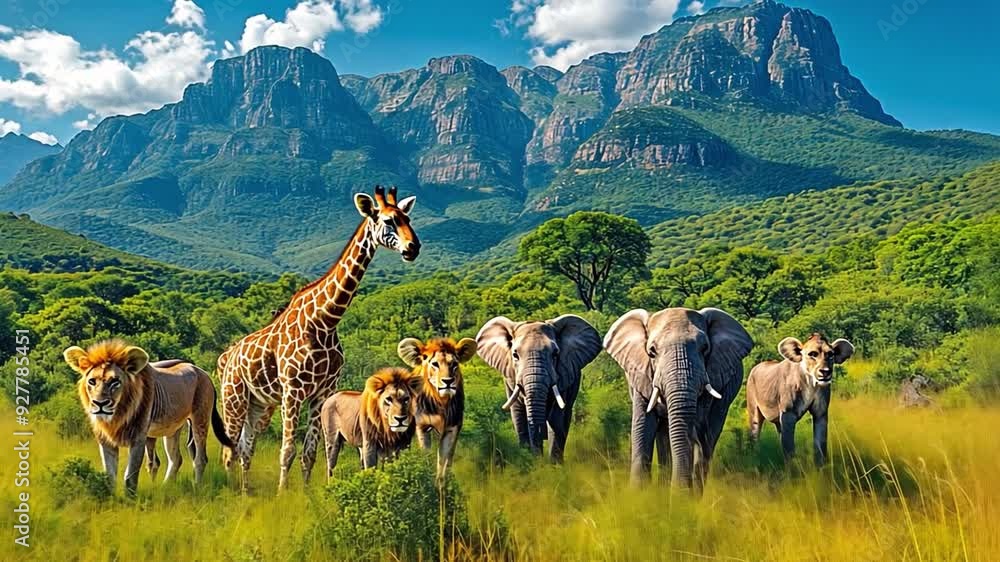 a large group of African creatures Giraffes, lions, elephants, monkeys, and other animals pose together with a mountain in the backdrop.