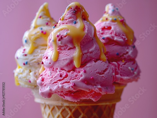Three Ice Cream Cones with Drizzled Sauce