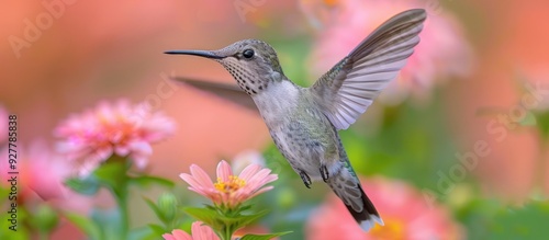Hummingbird in Flight Over Pink Flowers