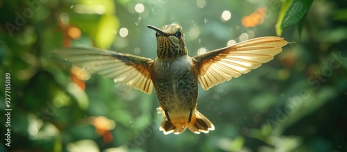 Hummingbird in Flight with a Green and Golden Background