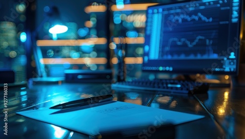 Wallpaper Mural Nighttime Desk with a Pen and Paper, Cityscape Lights in the Background Torontodigital.ca