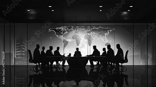 Business Executives Meeting in a Corporate Boardroom. Black and white silhouette. AI generated image