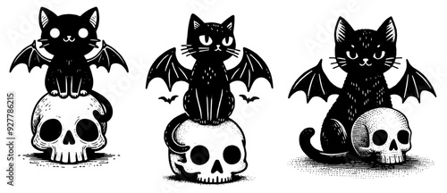 black cat sitting on a human skull