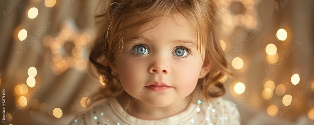 Adorable baby girl with big eyes, dressed in a starry outfit, against a festive background. Adorable baby girl with big eyes, dressed in a starry outfit, against a festive background.