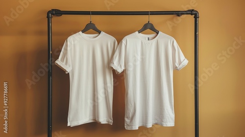 Two White T-shirts Hanging on a Clothes Rack