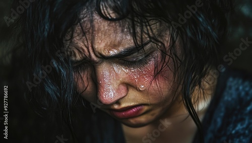 Close-up of a woman crying with tears on her face.