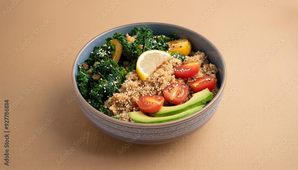 A bowl with cooked quinoa, chopped kale, diced avocado, cherry tomatoes, and a lemon-tahini A bowl with cooked quinoa, chopped kale, diced avocado, cherry tomatoes, and a lemon-tahini