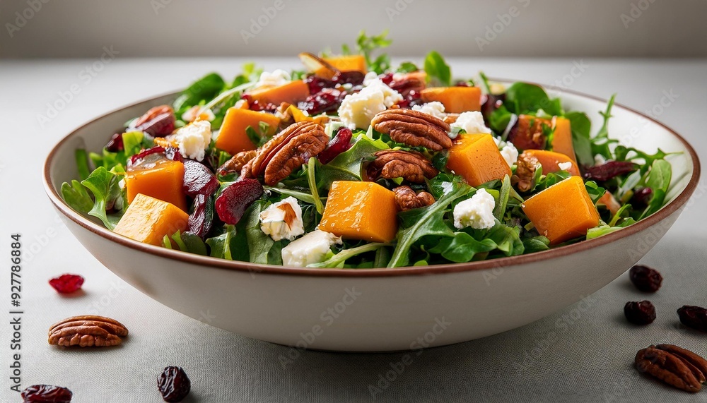 A bowl with mixed greens, roasted butternut squash, dried cranberries, pecans, and feta chee A bowl with mixed greens, roasted butternut squash, dried cranberries, pecans, and feta chee