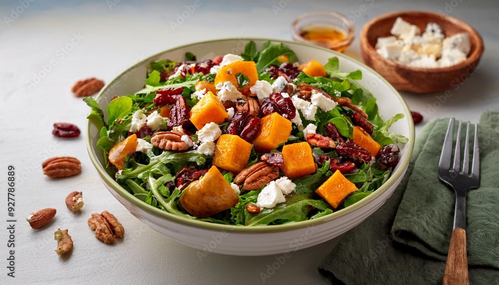 A bowl with mixed greens, roasted butternut squash, dried cranberries, pecans, and feta chee A bowl with mixed greens, roasted butternut squash, dried cranberries, pecans, and feta chee