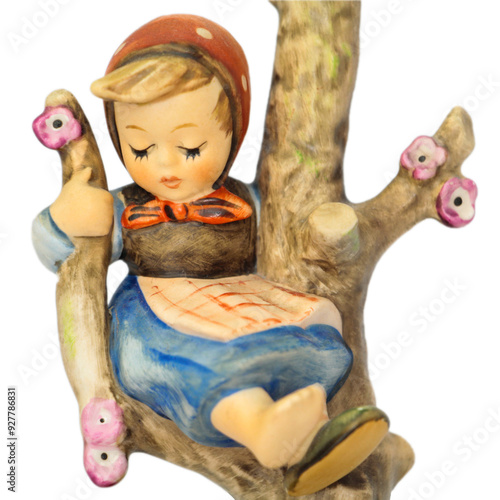 Vintage Porcelain Figurine of Girl on Tree with Dog. High quality photo