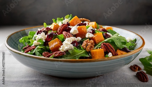  A bowl with mixed greens, roasted butternut squash, dried cranberries, pecans, and feta chee 