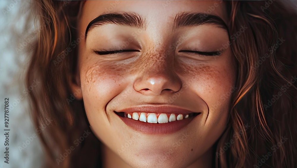 Close-up of a woman smiling with eyes closed. Close-up of a woman smiling with eyes closed.