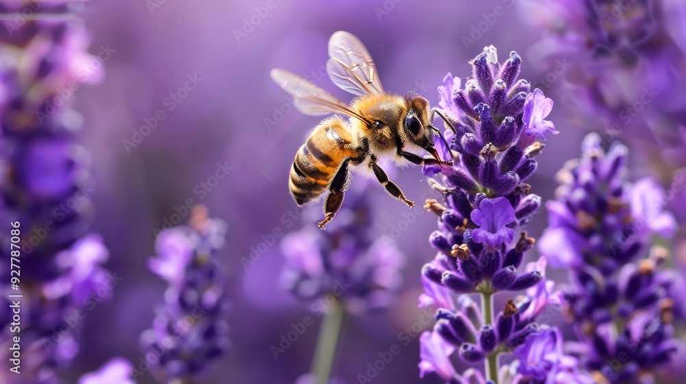 Closeup of Bee Approaching Lavender Flowers for Essential Oil Production Closeup of Bee Approaching Lavender Flowers for Essential Oil Production