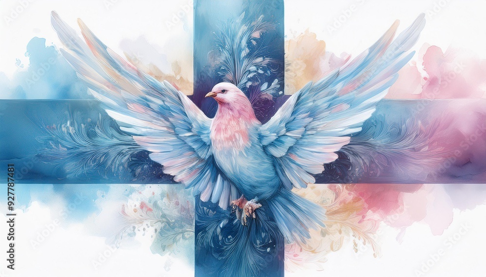 Obraz premium A pastel watercolor cross in gentle blues and pinks, with a radiant dove at the center, floa