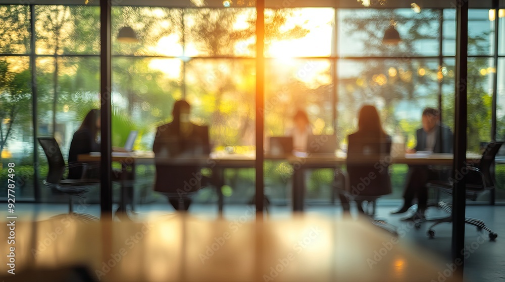 Blurred silhouettes of business people in a modern office setting with sunlight filtering through large windows. AI generated image Blurred silhouettes of business people in a modern office setting with sunlight filtering through large windows. AI generated image
