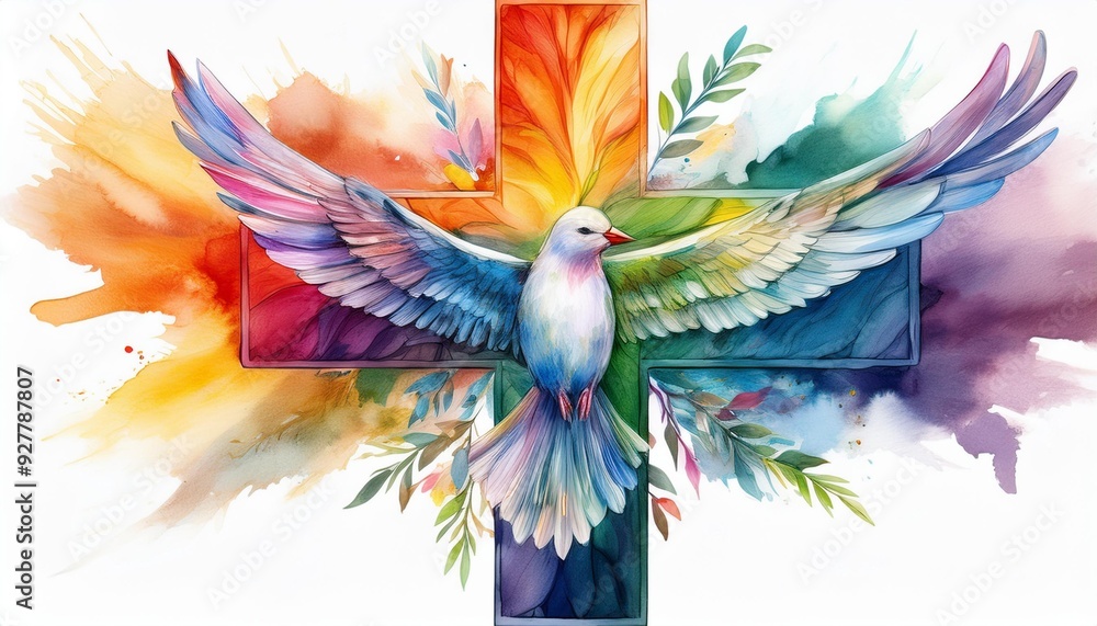 Fototapeta premium A vibrant watercolor cross with rainbow hues, a soaring dove with an olive branch at the cen