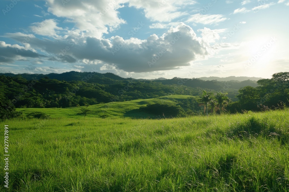 Obraz premium Vibrant grassland landscape beyond the city horizon