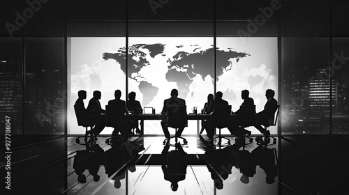 Business Executives Meeting in a Corporate Boardroom. Black and white silhouette. AI generated image