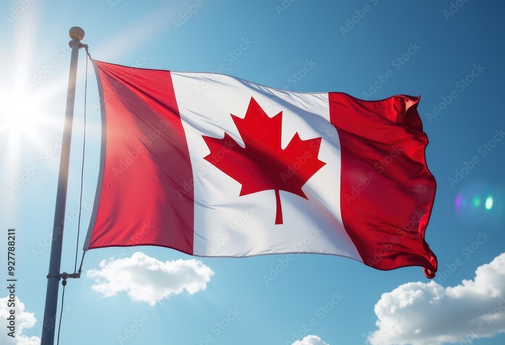 Canadian flag waving against a clear blue sky during bright daylight Canadian flag waving against a clear blue sky during bright daylight