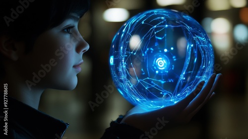 Electricity, education, science, futuristic and physics concept with a hand touching a plasma ball inside a dark room of an immersive museum or exhibition. photo