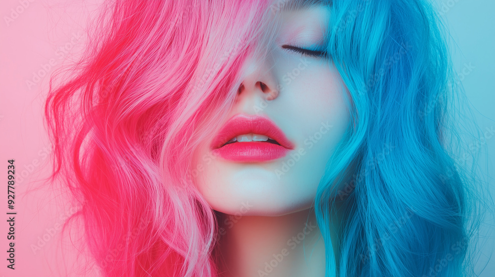 Close-up portrait of woman with two-tone pink and blue hair in soft light Close-up portrait of woman with two-tone pink and blue hair in soft light
