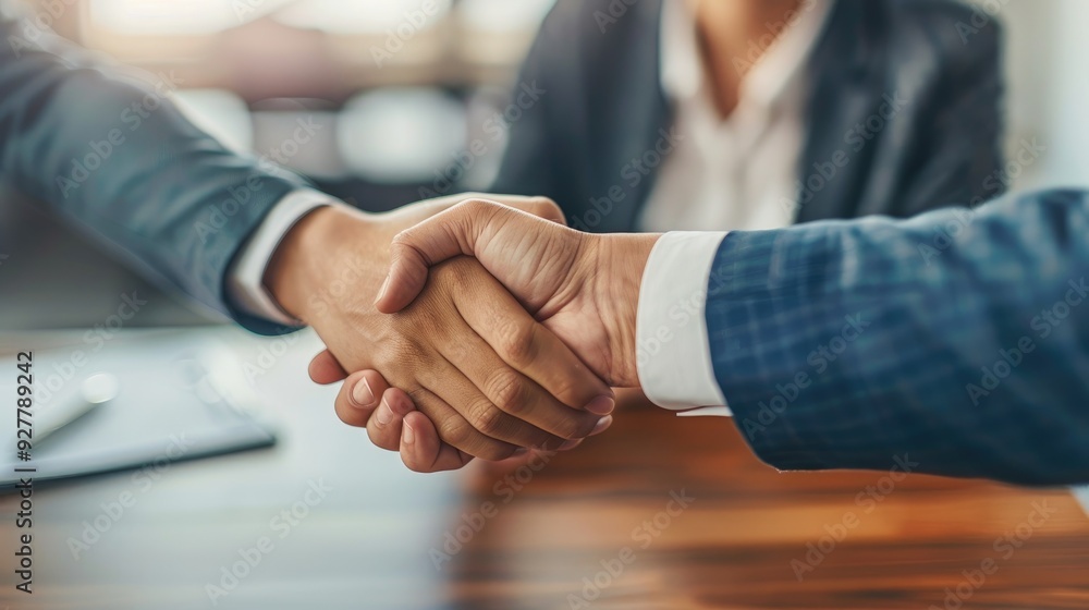 Businesswoman shaking hands with businessman during interview at office table Businesswoman shaking hands with businessman during interview at office table