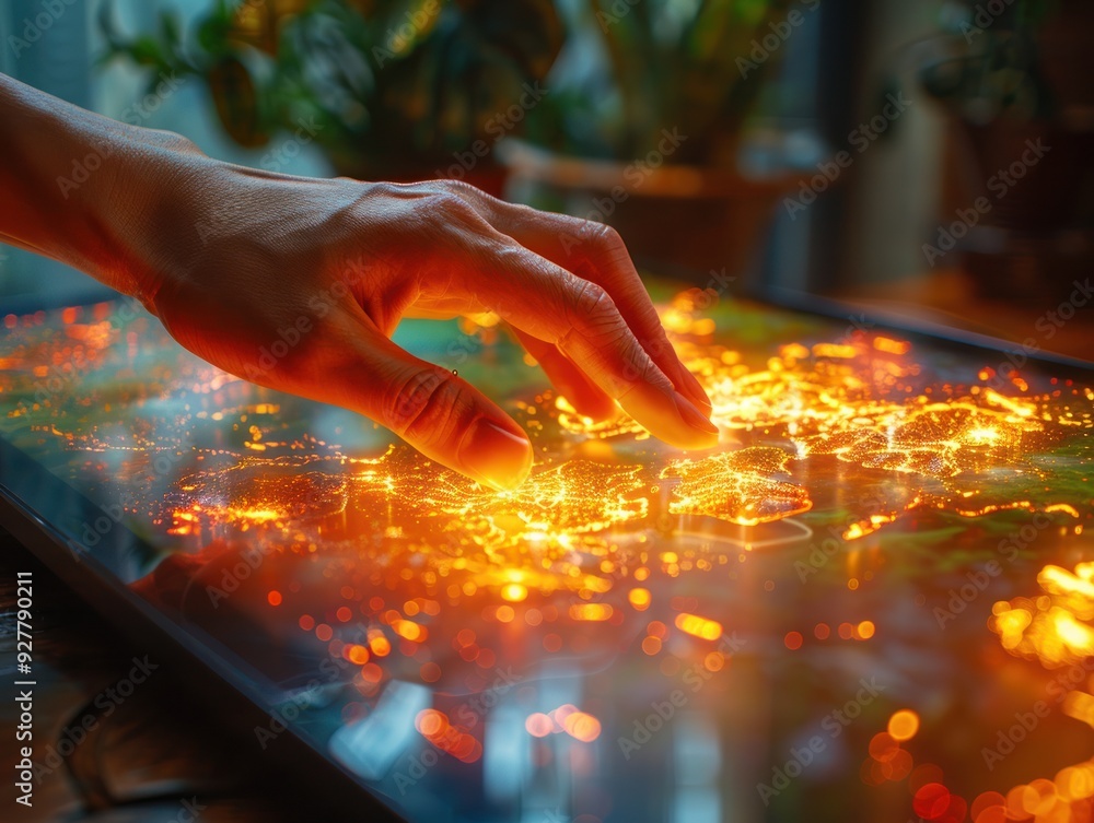 A Finger Tracing The Glow Of The World Map On A Tablet Screen