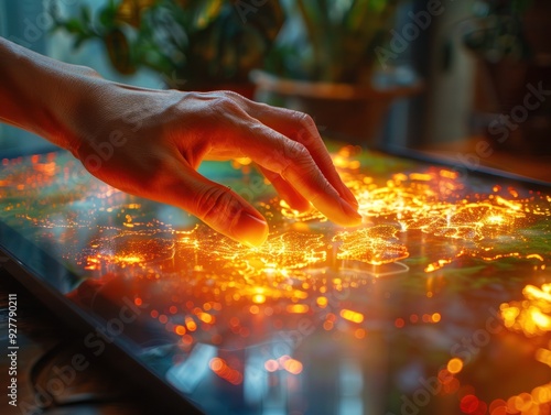 Obraz na płótnie A Finger Tracing The Glow Of The World Map On A Tablet Screen w salonie
