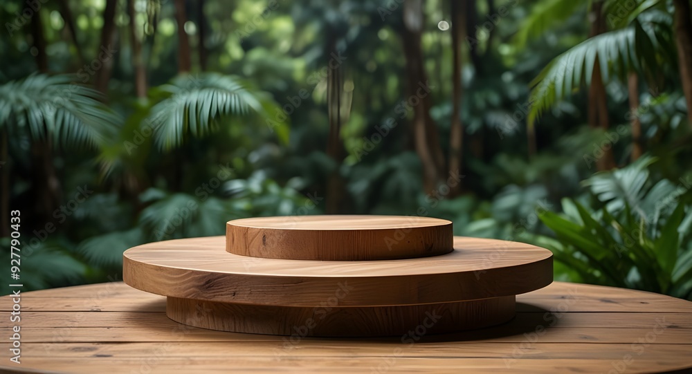 Wooden podium in tropical forest for product presentation and green background. Wooden podium in tropical forest for product presentation and green background.