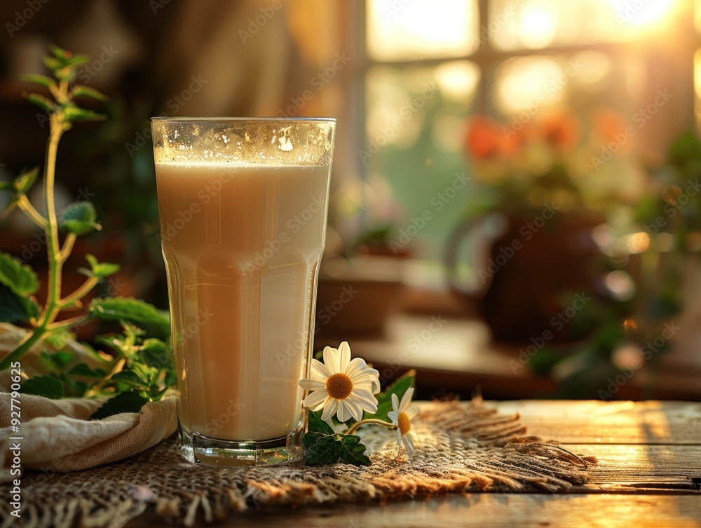 Glass of Milk with Flowers on Table