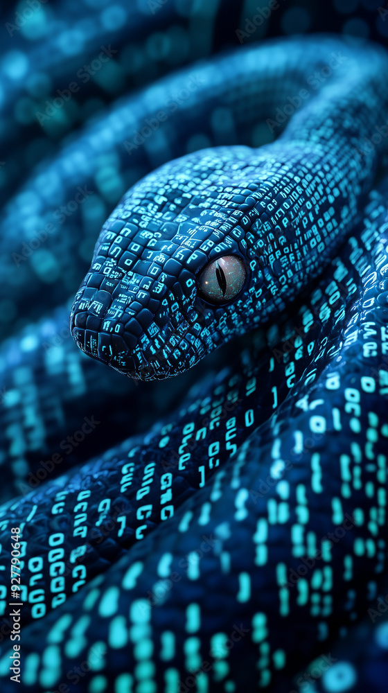 Digital snake with flowing binary code on its scales Digital snake with flowing binary code on its scales