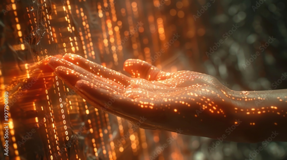 Digital Touch: A Hand Interacting With Binary Code
