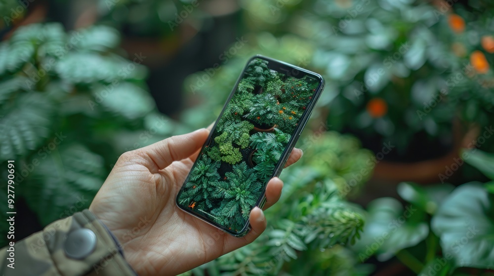 Hand Holding Smartphone with Green Leaves on Screen