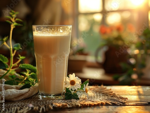 Obraz na płótnie Glass of Milk with Flowers on Table w salonie