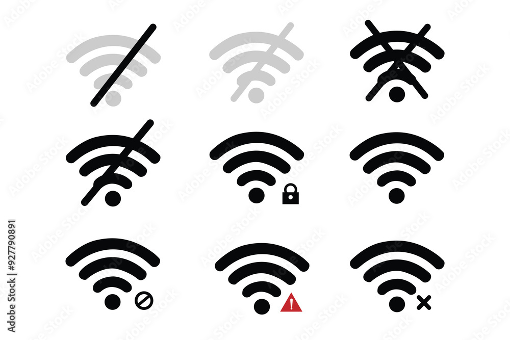 WiFi icon set. Different levels of WiFi signal connection. wifi network Connection level. Wireless Internet icon set. Different Wireless internet symbol. Vector illustration on white background.
WiFi icon set. Different levels of WiFi signal connection. wifi network Connection level. Wireless Internet icon set. Different Wireless internet symbol. Vector illustration on white background.