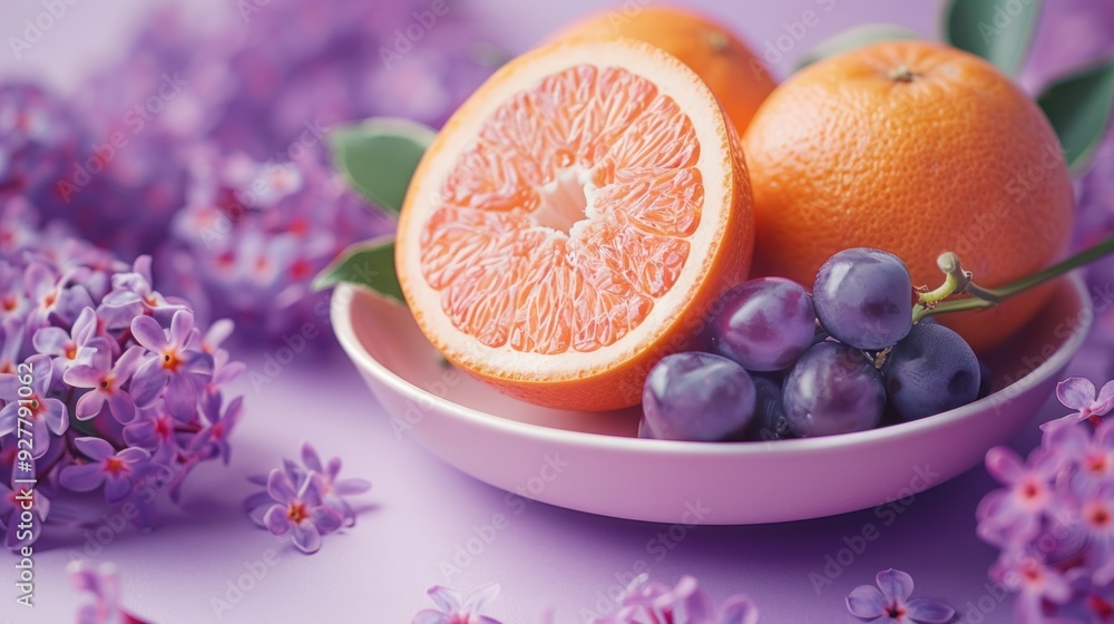 Grapefruit, Grapes, and Lilac Flowers