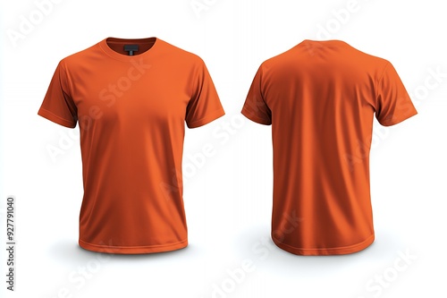 Orange T-shirt mockup with front and back views isolated on white background.