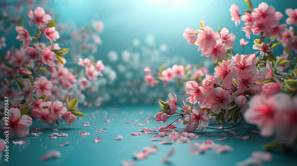 Delicate Pink Cherry Blossoms on a Turquoise Background