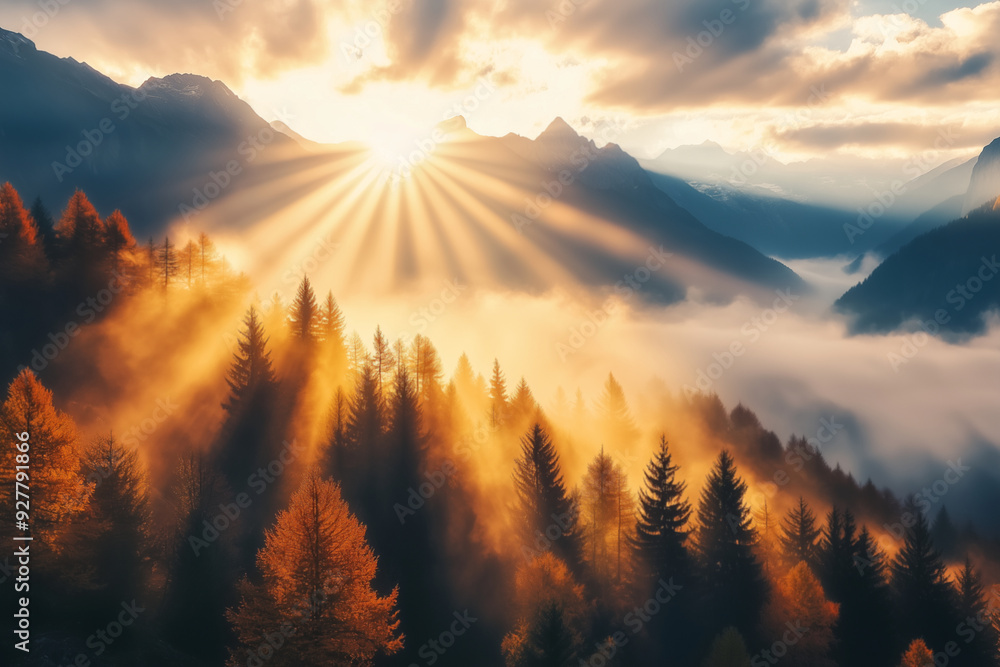 Fototapeta premium sunrise in the autumn forest, care for nature, ecologically clean air