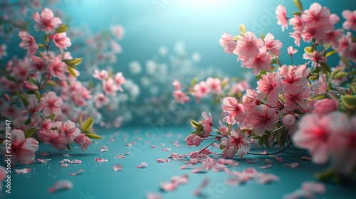 Obraz na płótnie Delicate Pink Cherry Blossoms on a Turquoise Background w salonie