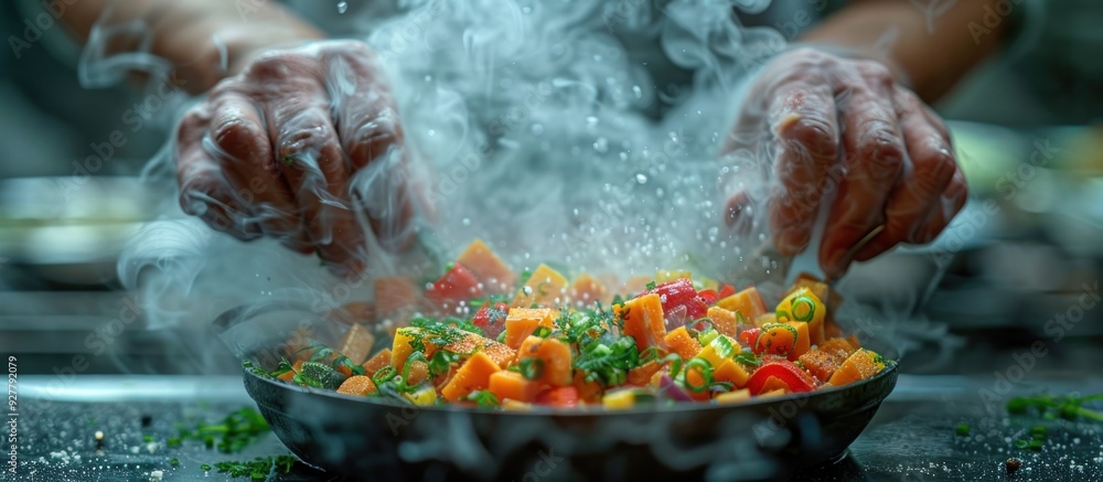 Chef Cooking Smoky Vegetables in a Pan