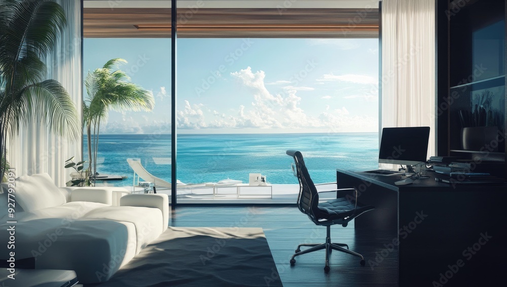 Fototapeta premium Ocean view office with a black desk and white couch.