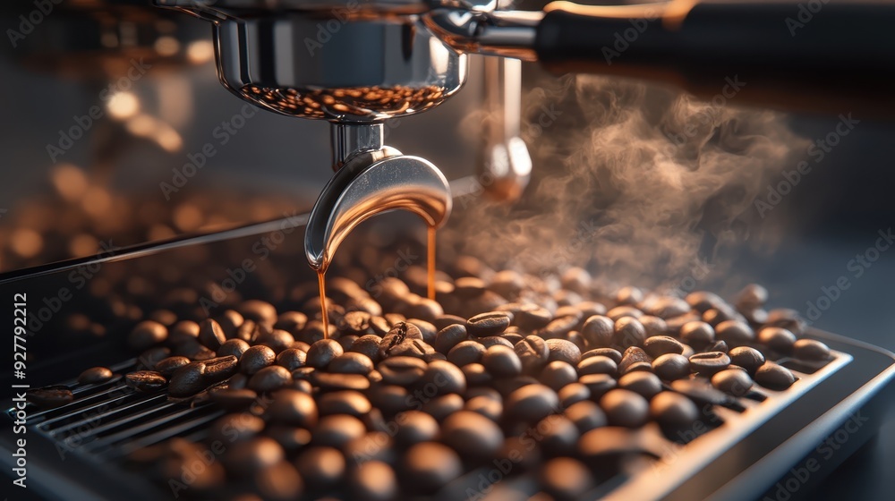 Close-up of an espresso machine making coffee with coffee beans around. Steam and warm lighting create an aromatic atmosphere. Close-up of an espresso machine making coffee with coffee beans around. Steam and warm lighting create an aromatic atmosphere.